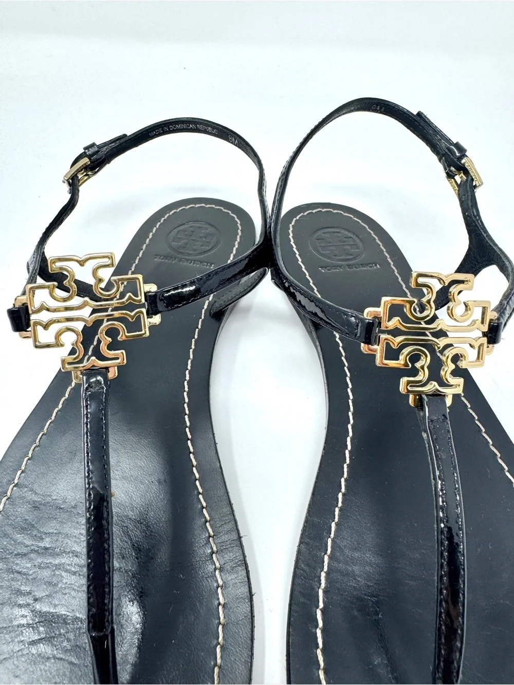 Tory Burch Capri Strap Sandal Black Leather with Gold Logo Accent